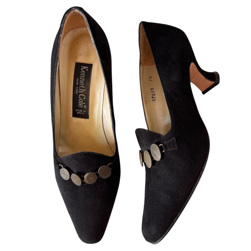 Vintage 1990s Kenneth Cole Spain Black Suede Coin Accent Kitten Heels Pumps 7.5